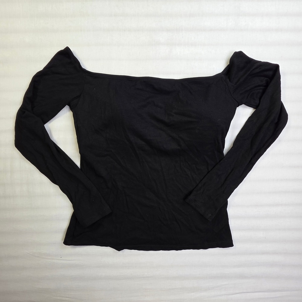 Halara Womens Black Ribbed Off The Shoulder Long Sleeve Top with Built-in Bra M